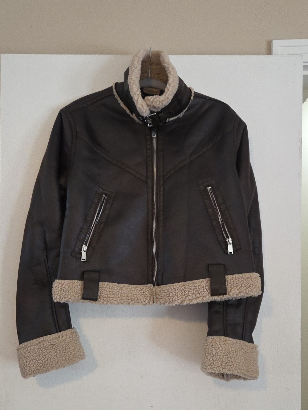 Forever 21 Black Faux Leather Shearling-Trim Moto Jacket